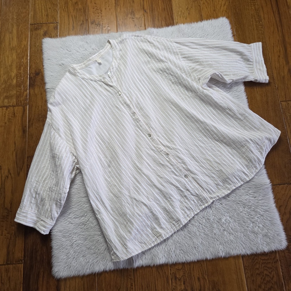 Eileen Fisher Button Up Gauze Shirt Top Women's Plus 3X White Tan Striped Cotton